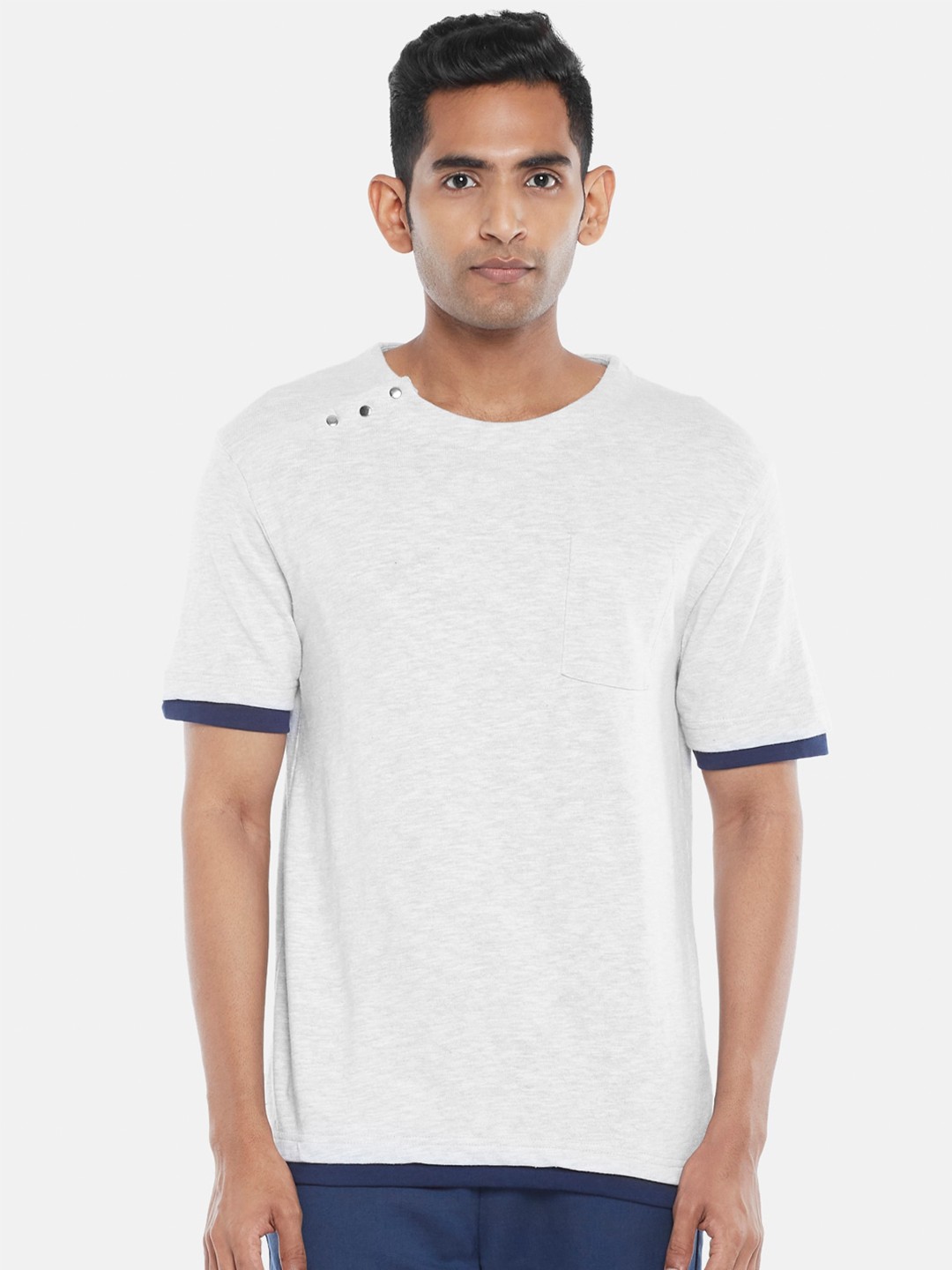 

7 Alt by Pantaloons Self Design Cotton Relaxed Fit T-shirt, Grey melange