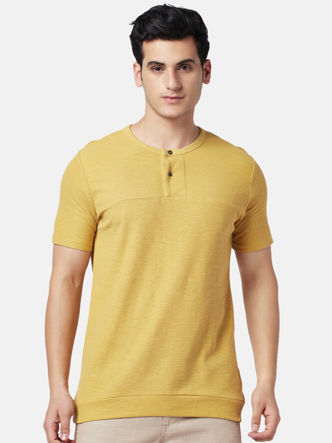 

7 Alt by Pantaloons Men Henley Neck Slim Fit Cotton T-shirt, Mustard