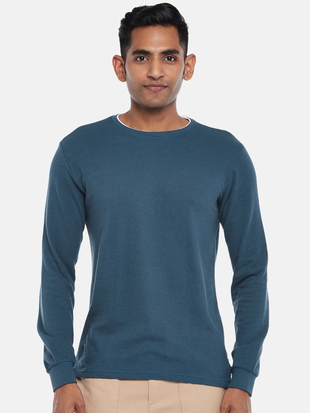 

7 Alt by Pantaloons Men Long Sleeve Slim Fit Cotton T-shirt, Blue