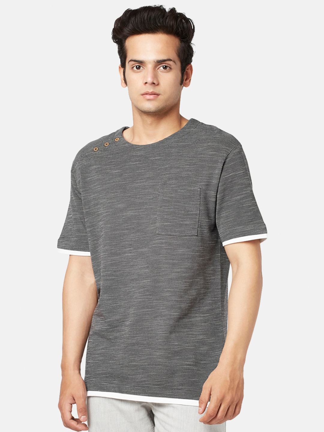 

7 Alt by Pantaloons Self Design Cotton Relaxed Fit T-shirt, Charcoal