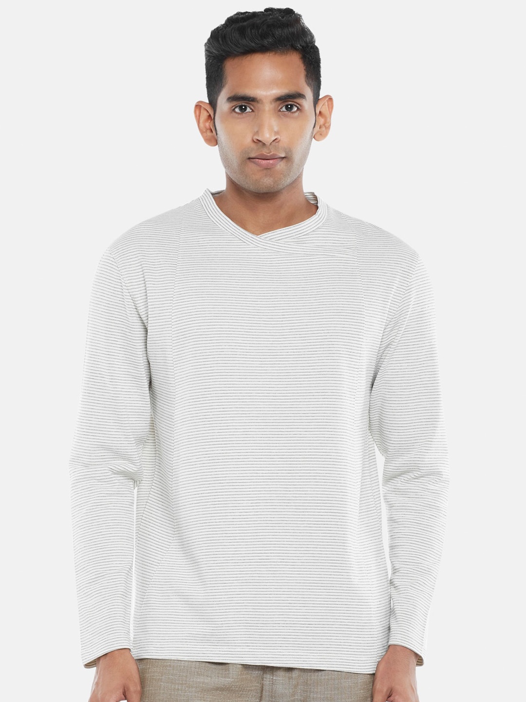 

7 Alt by Pantaloons Striped Long Sleeves Cotton T-shirt, Off white