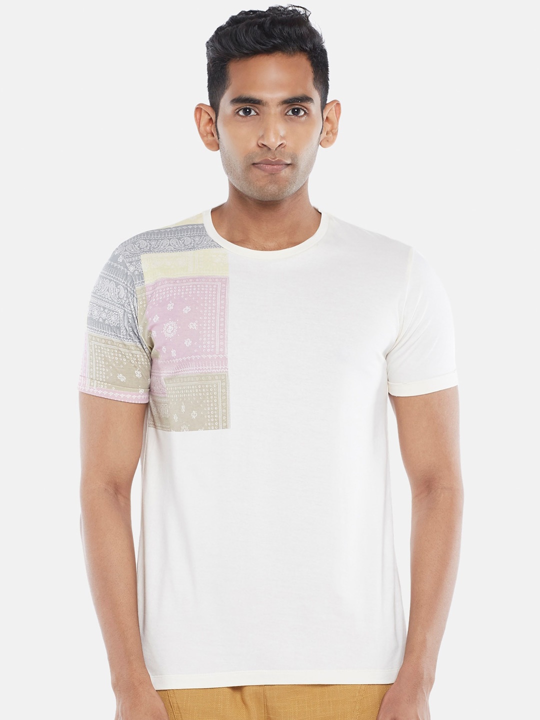

7 Alt by Pantaloons Ethnic Motif Placement Printed Cotton T-shirt, Off white