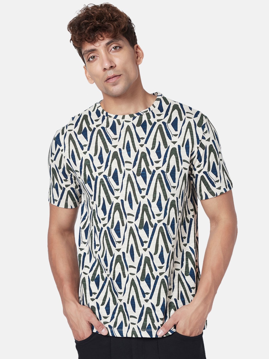 

7 Alt by Pantaloons Abstract Printed Cotton T-shirt, Olive
