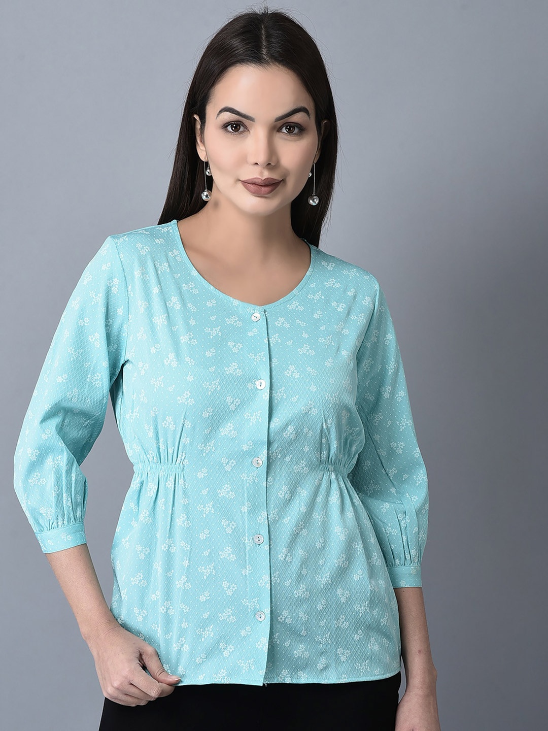 

CANOE Self Design Puff Sleeves Gathered Cinched Waist Top, Sea green