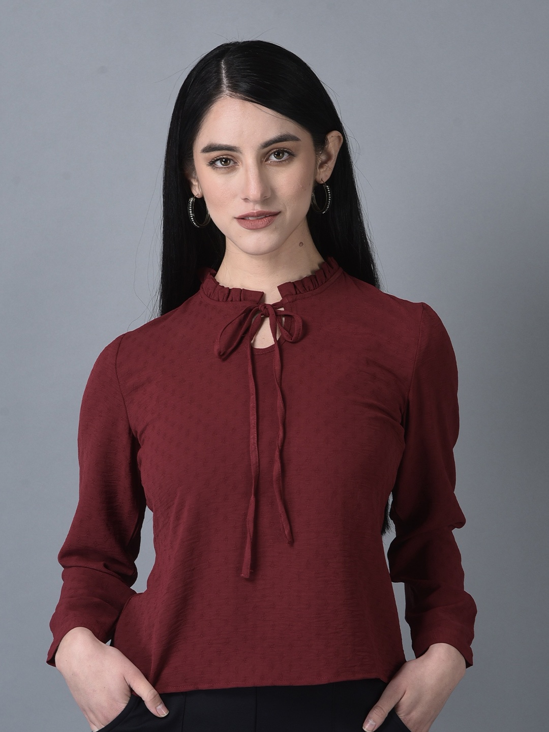 

CANOE Self Design Cuffed Sleeves Tie-Up Neck Top, Maroon