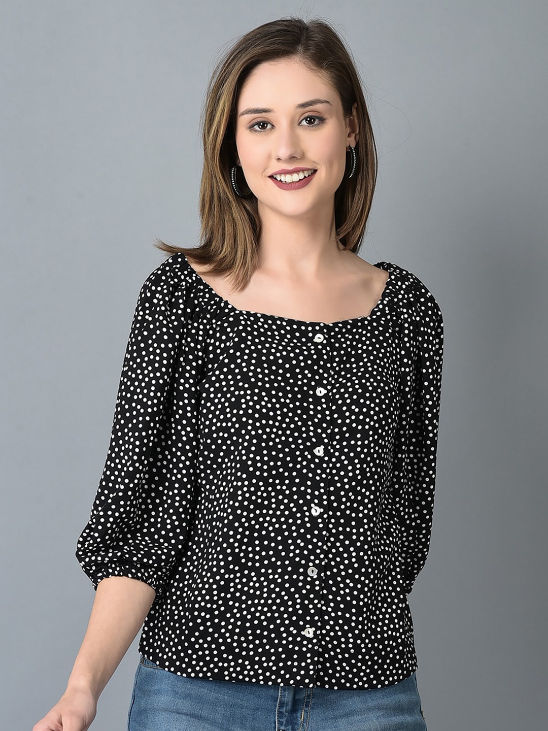 

CANOE Polka Dots Printed Puff Sleeves Top, Black