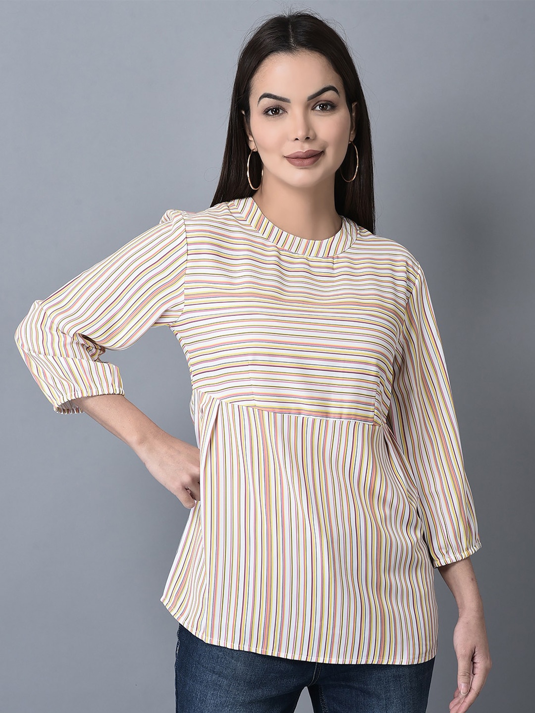 

CANOE Striped Mandarin Collar Puff Sleeves Gathered A-Line Top, Mustard
