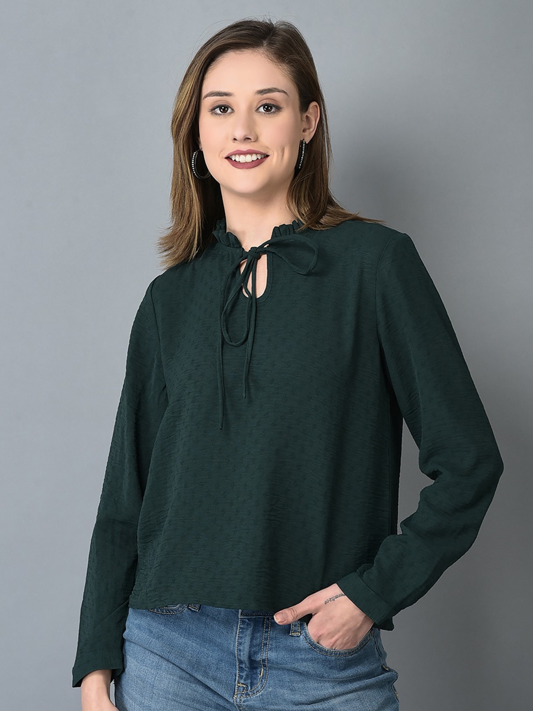 

CANOE Self Design Cuffed Sleeves Tie-Up Neck Top, Green