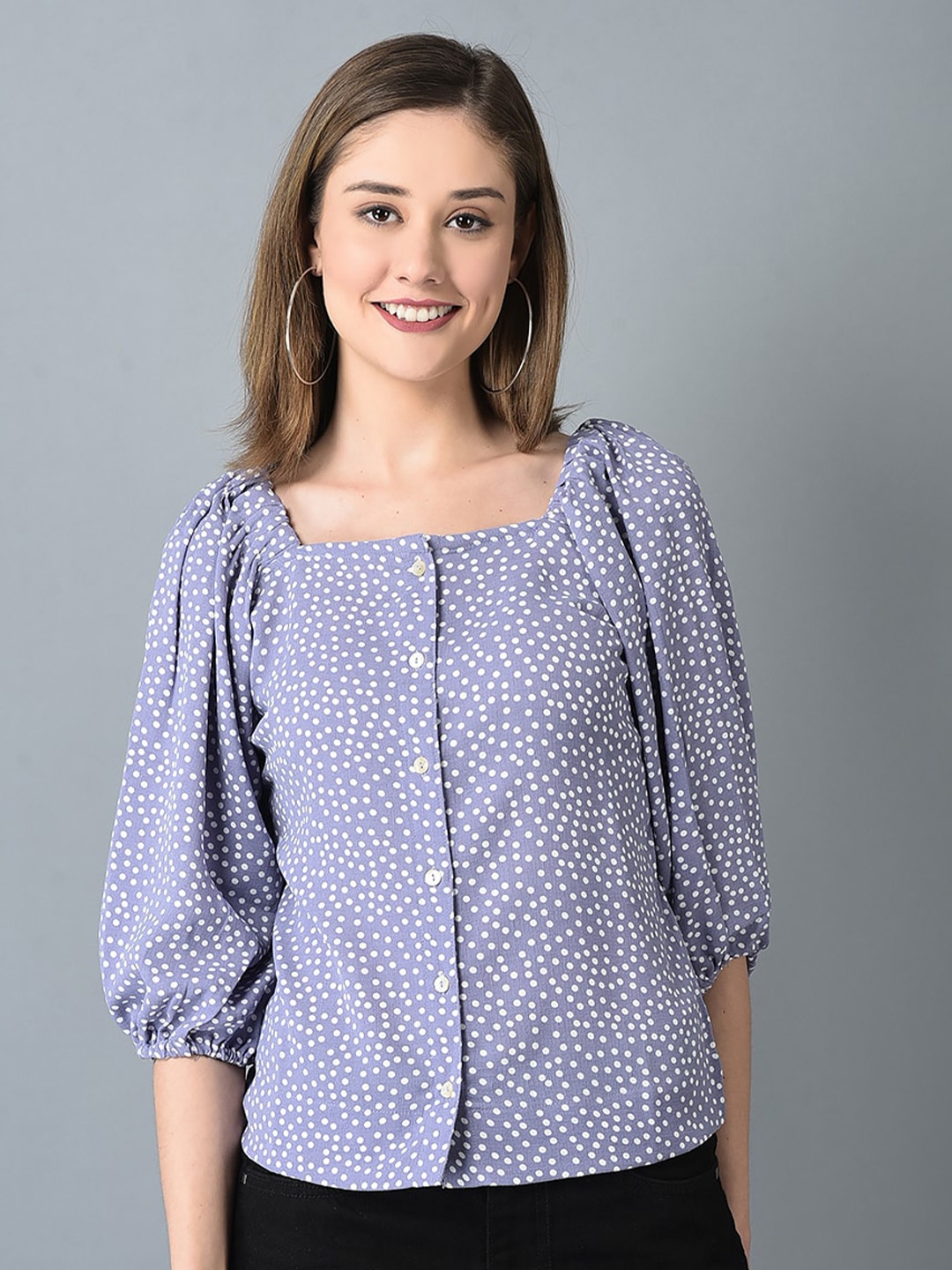 

CANOE Polka Dots Printed Square Neck Puff Sleeves Shirt Style Top, Blue