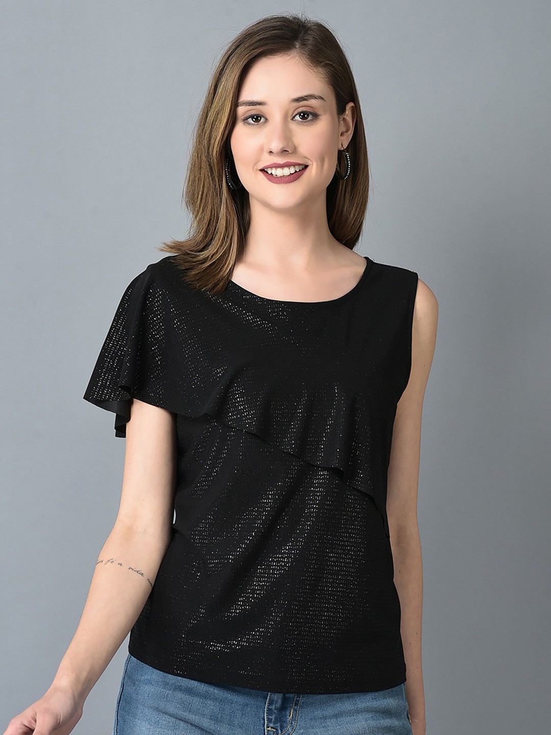 

CANOE Round Neck Self Design Top, Black