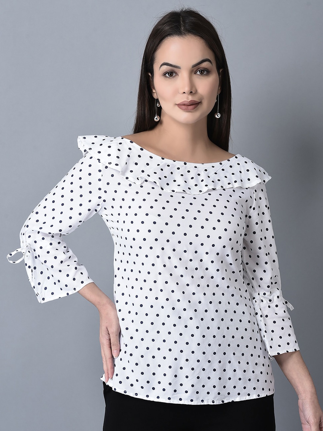 

CANOE Boat Neck Tie-Up Ruffles Polka Dots Print Top, White