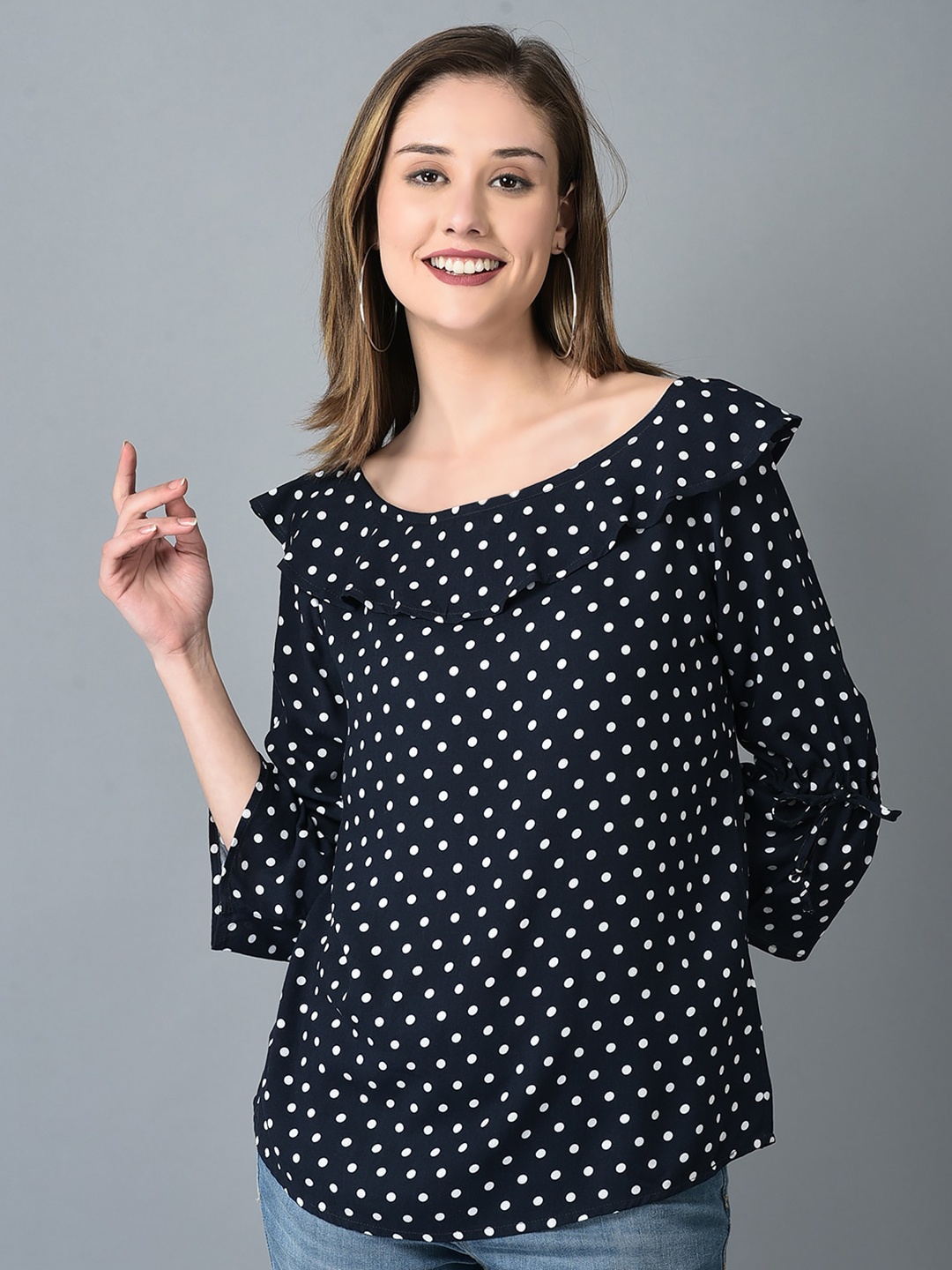 

CANOE Polka Dots Printed Bell Sleeves Top, Navy blue
