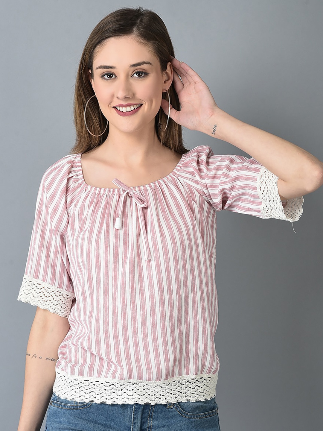 

CANOE Vertical Striped Tie-Up Neck Lace Inserts A-Line Top, Pink