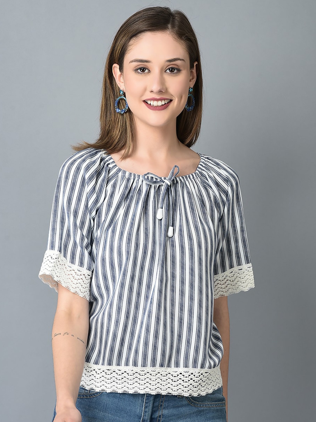 

CANOE Striped Tie Up Neck Regular Top, Navy blue