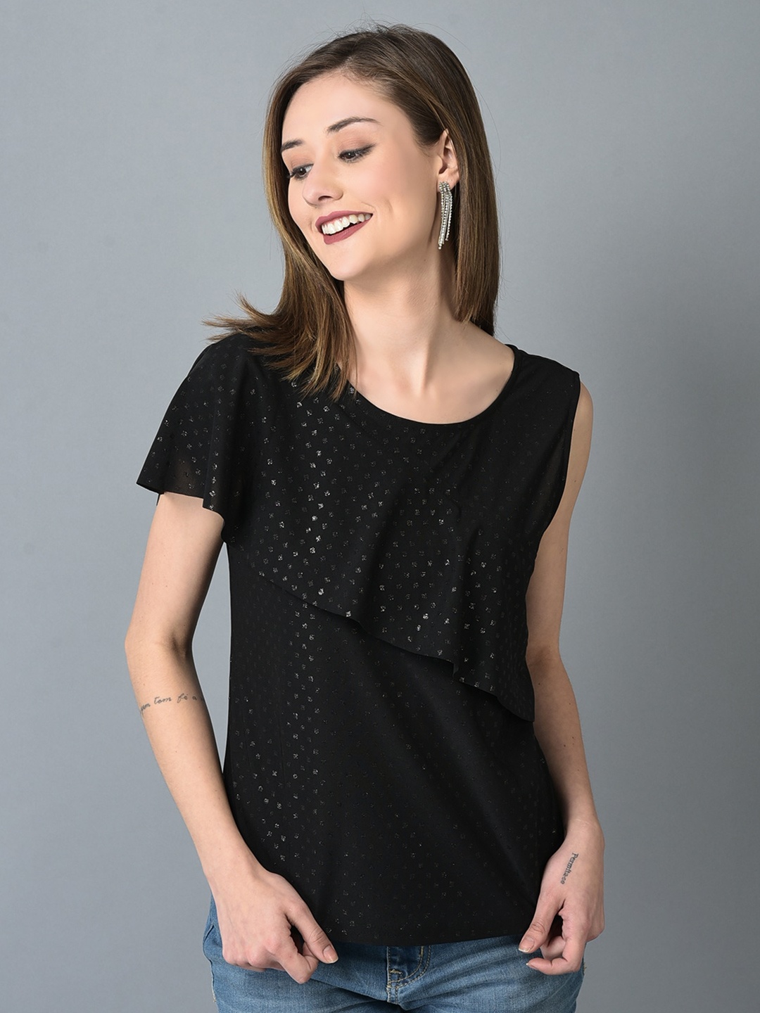 

CANOE Round Neck Embellished Ruffles Top, Black