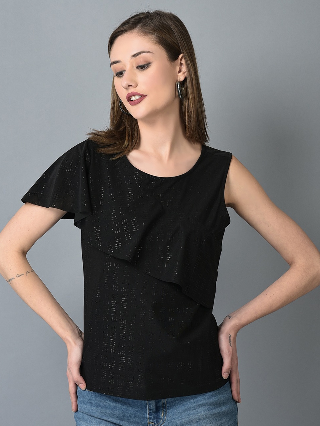 

CANOE Embellished Ruffled Sleeveless Regular Top, Black