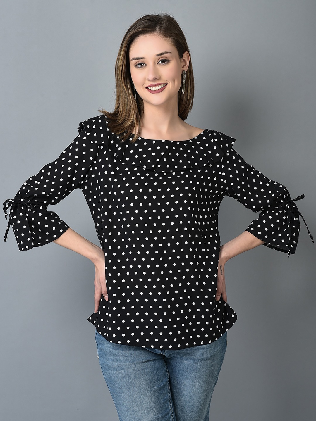 

CANOE Polka Dots Printed Bell Sleeves Top, Black