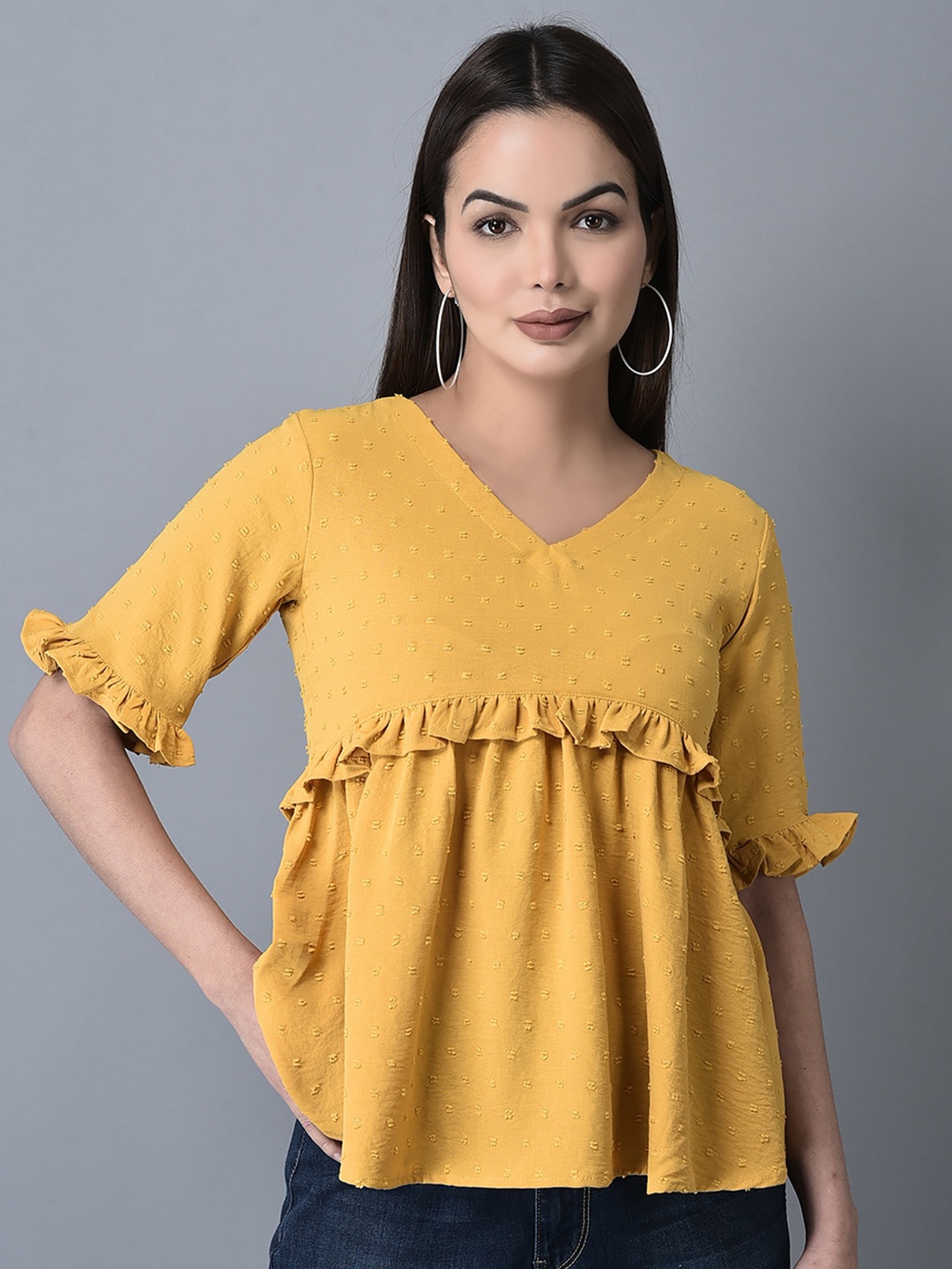 

CANOE Self Design V-Neck Ruffles Empire Top, Yellow