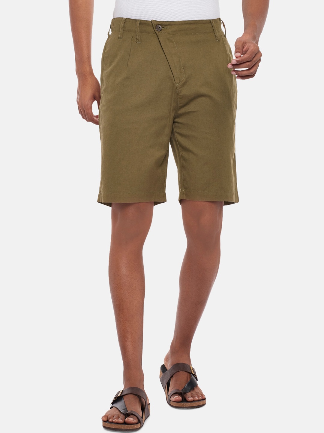 

7 Alt by Pantaloons Men Slim Fit Linen Cotton Shorts, Olive