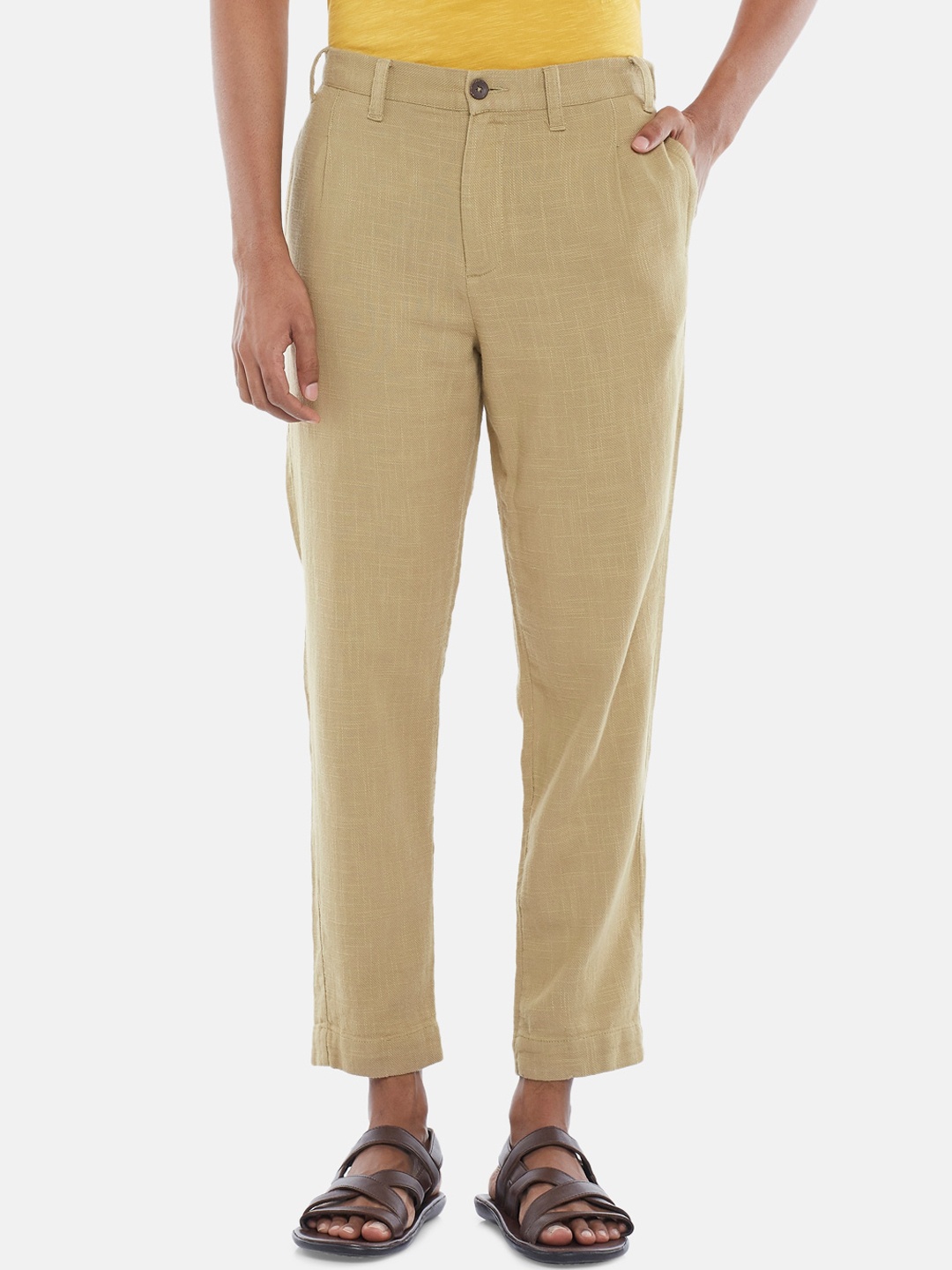 

7 Alt by Pantaloons Men Pleated Cropped Cotton Mid Rise Trousers, Beige