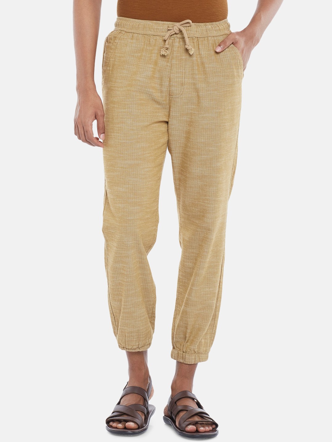 

7 Alt by Pantaloons Men Self Design Cotton Loose Fit Joggers, Beige
