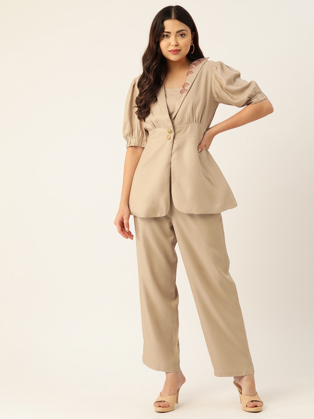 

MISRI Beige Embroidered Coat & Trousers Co-ords
