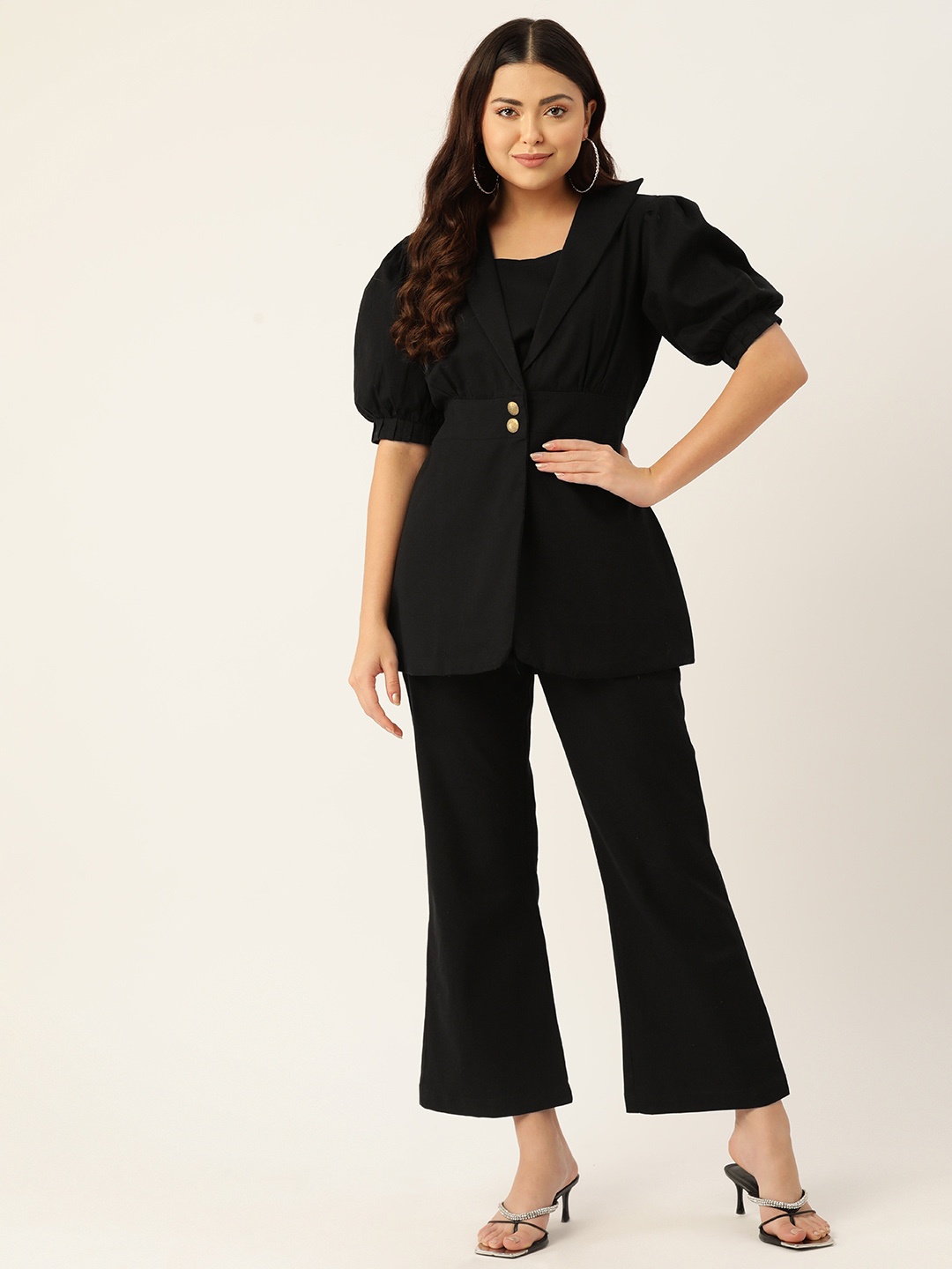 

MISRI Pure Cotton Solid Coat & Trousers Co-ords with Camisole, Black
