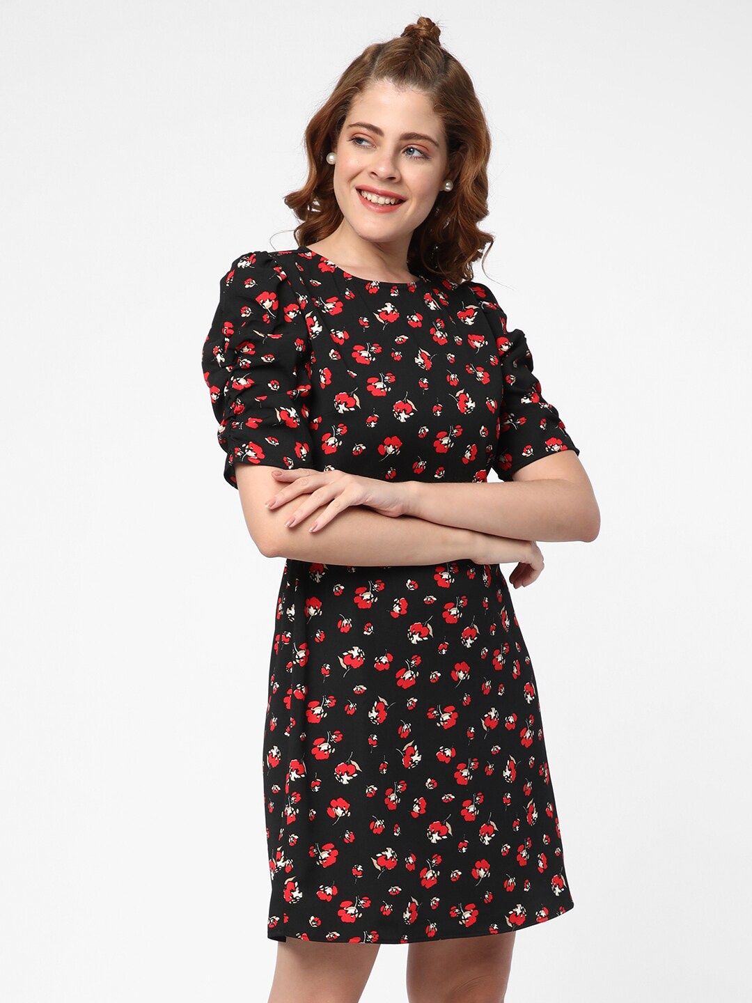 

R&B Puff Sleeves Floral A-Line Dress, Black