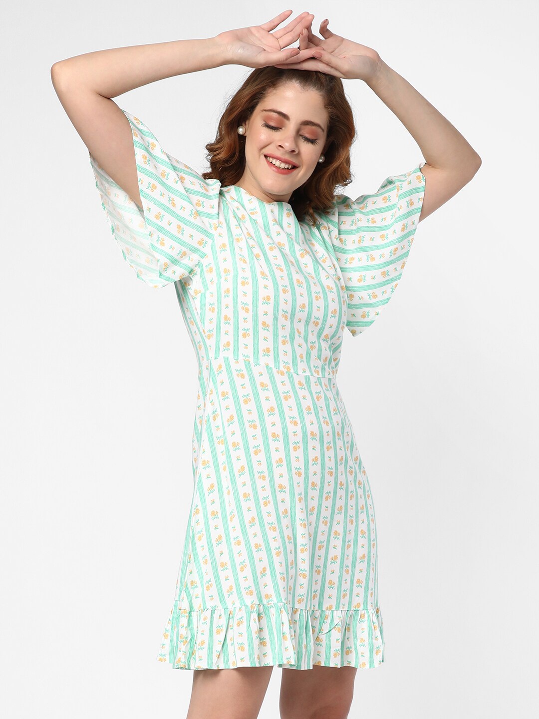 

R&B Floral Printed Flared Sleeves Flounce A-Line Dress, White