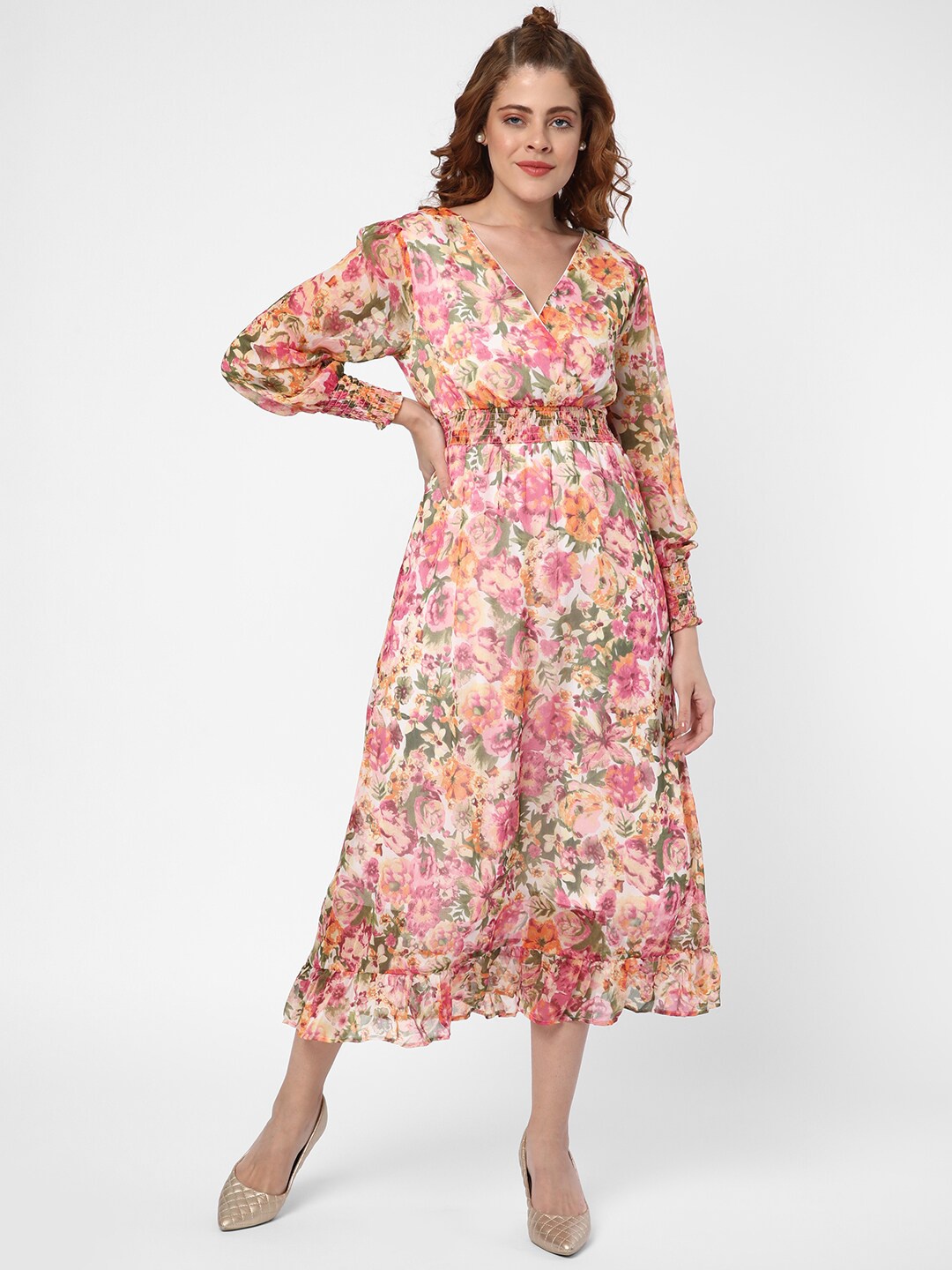 

R&B Floral Printed V-Neck Midi Dress, Pink