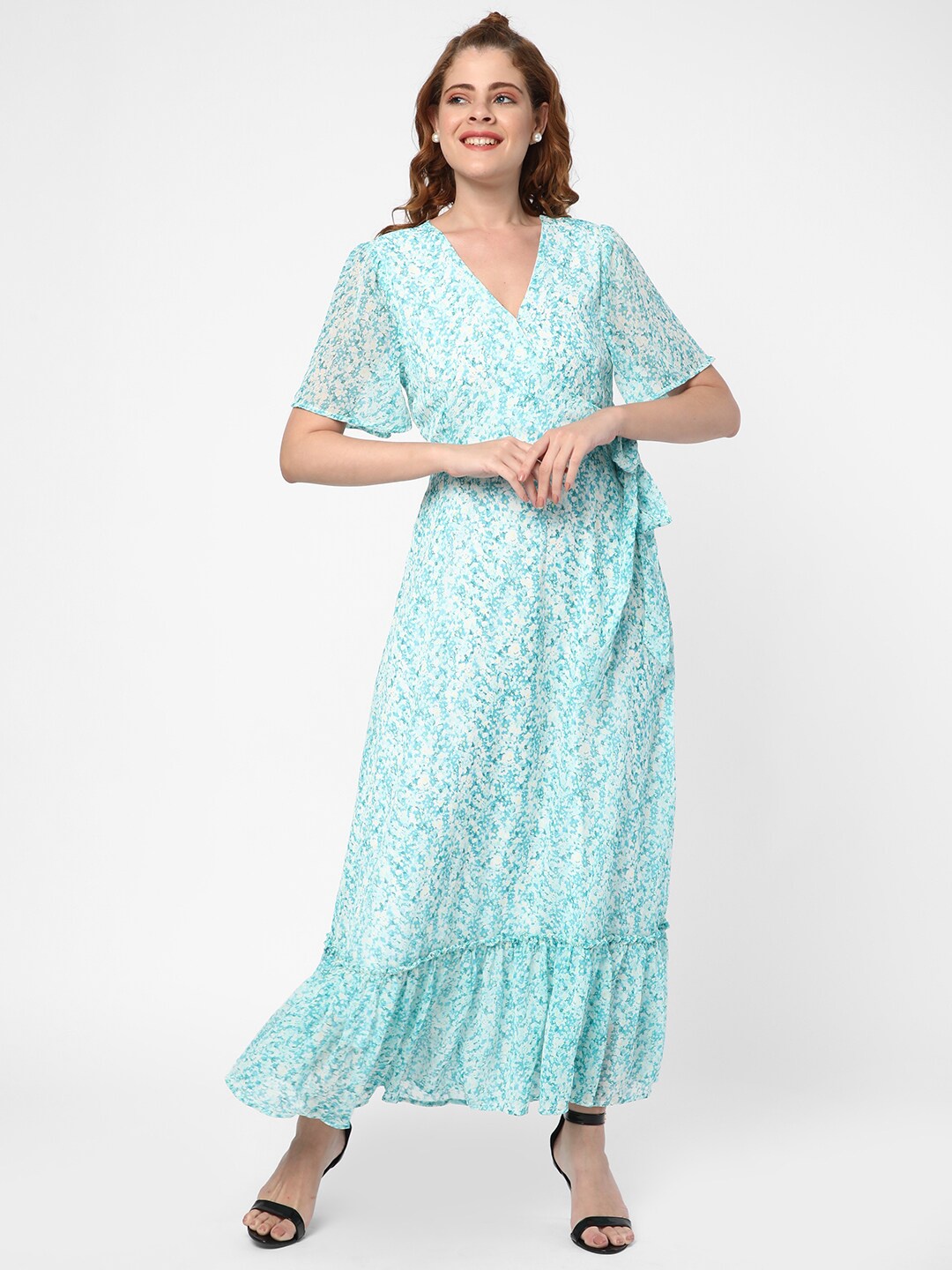 

R&B Floral Printed V-Neck Maxi Dress, Blue