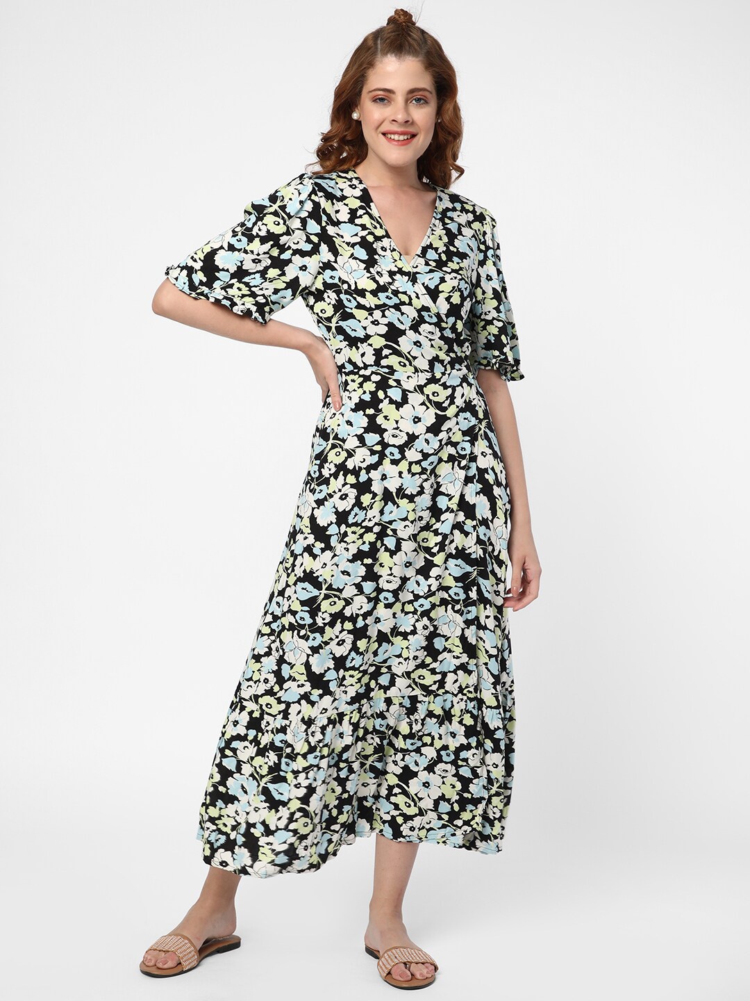 

R&B Floral Printed V-Neck Midi Dress, Black