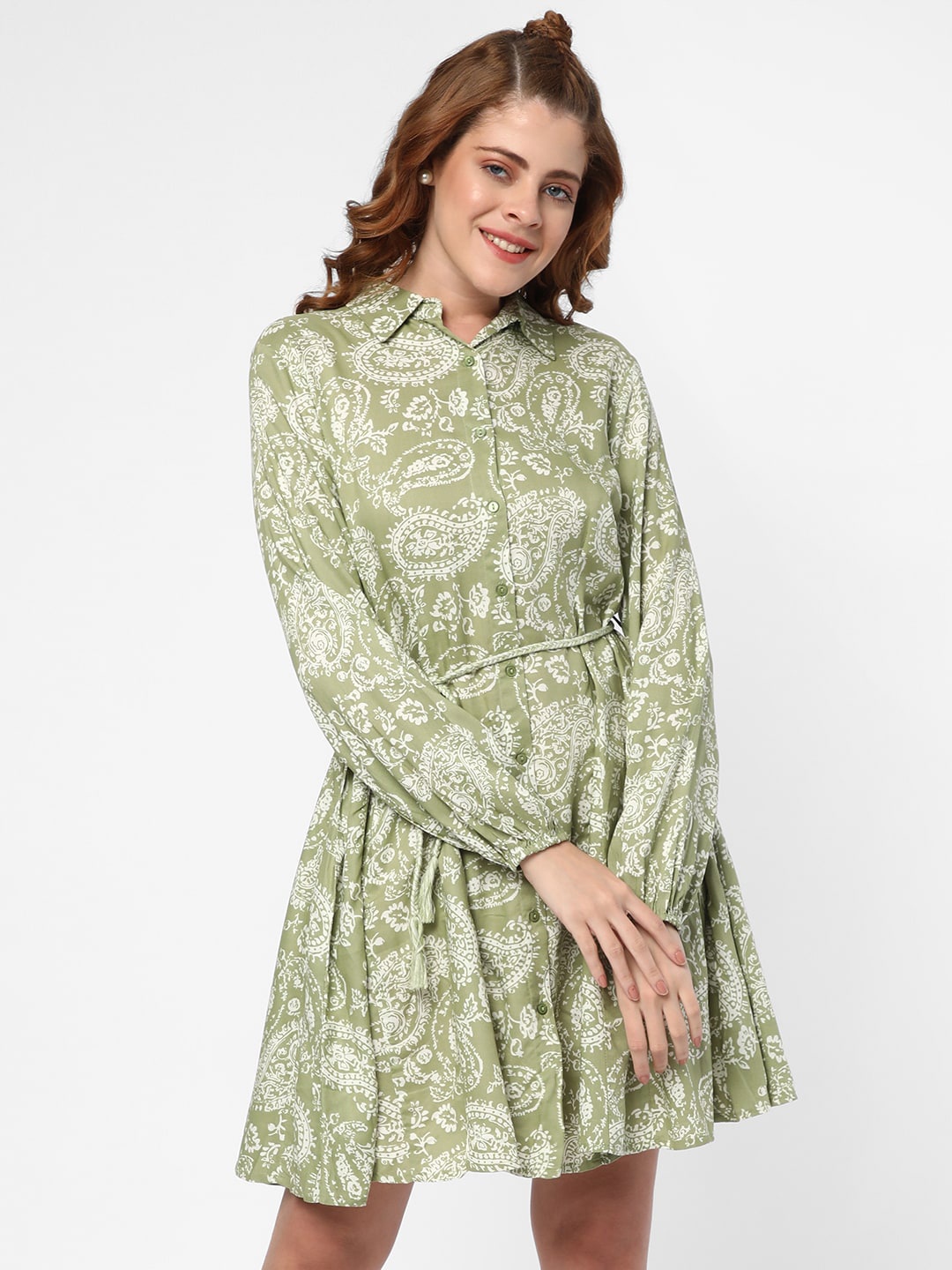 

R&B Ethnic Motifs Printed Cuff Sleeve Shirt Dress, Green