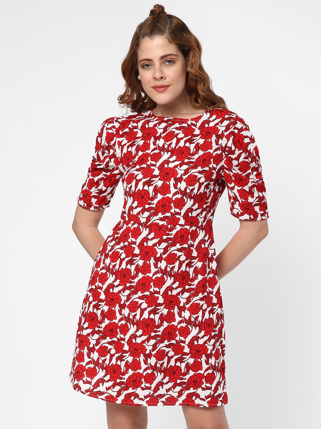 

R&B Floral Printed Puff Sleeve Sheath Dress, Red