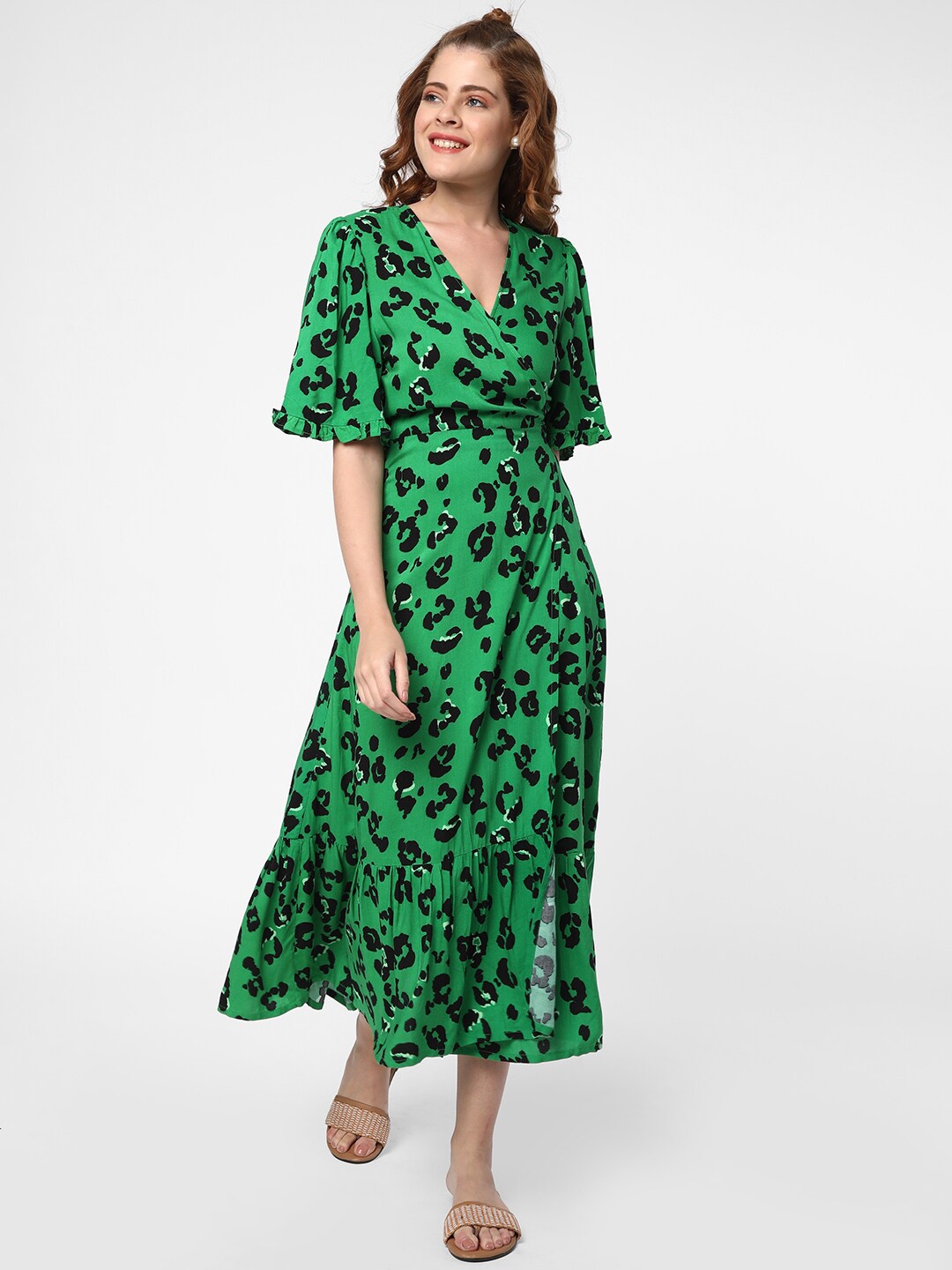 

R&B Floral Printed V-Neck Midi Dress, Green