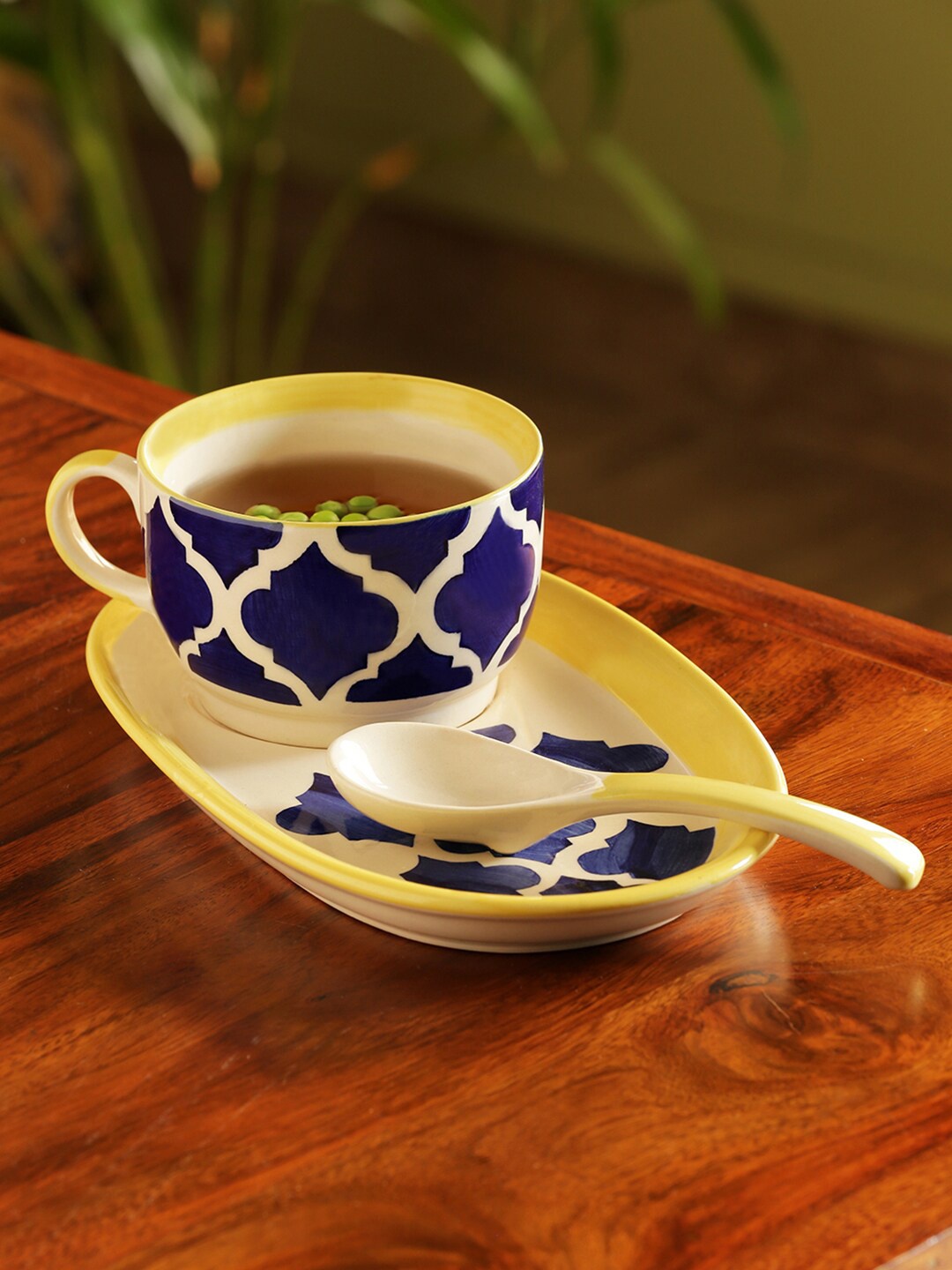 

ExclusiveLane Soup with a view 3-Pcs Blue & Yellow Ceramic Soup Bowl With Tray & Spoon