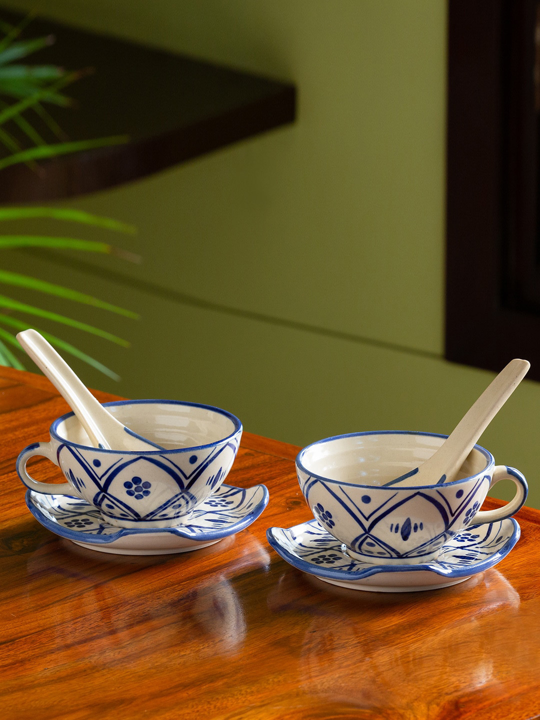 

ExclusiveLane White & Blue 2-Pcs Moroccan Floral Printed Ceramic Soup Bowls With Saucers