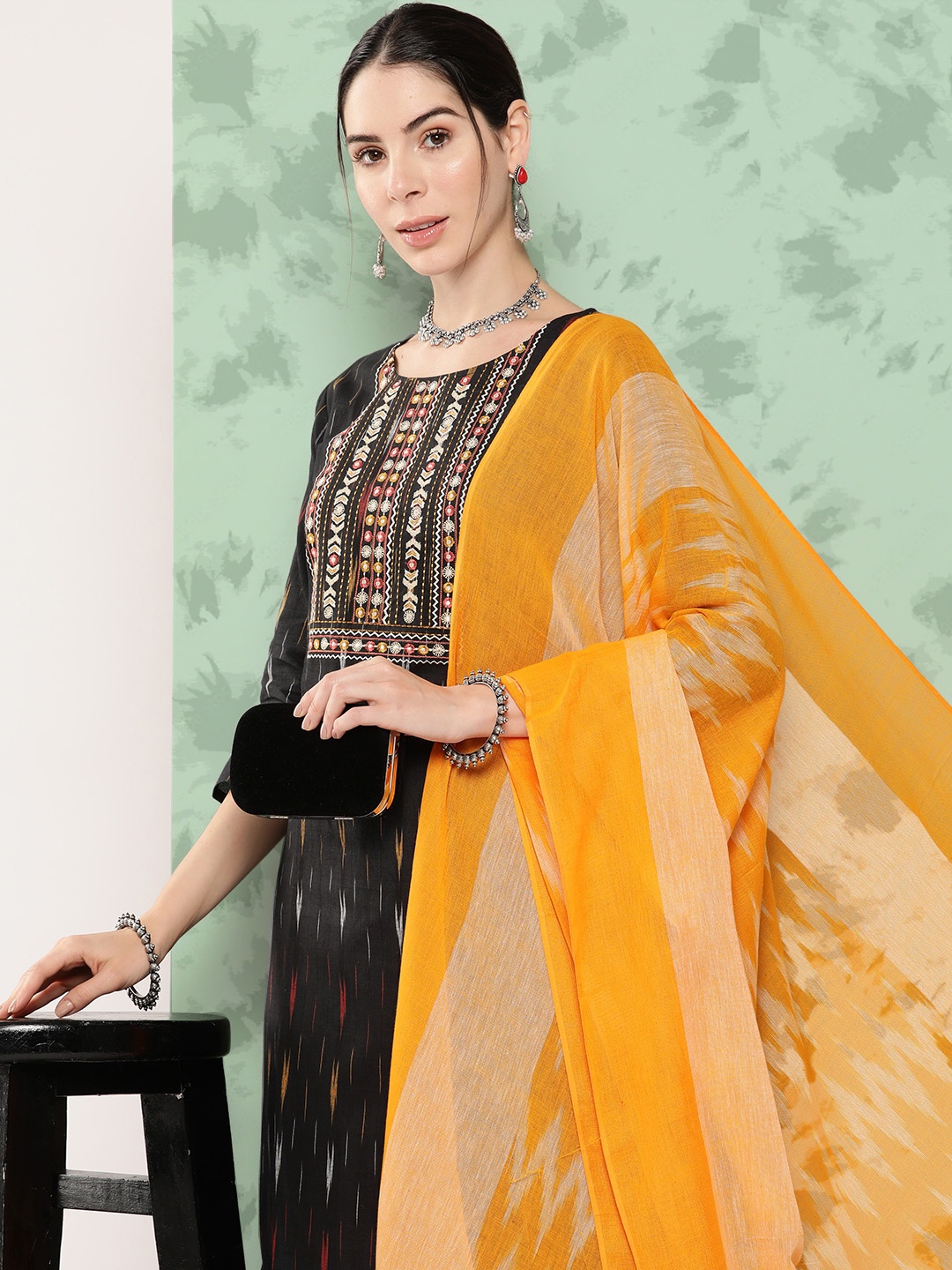 

Yufta Ethnic Motifs Embroidered Thread Work Pure Cotton Kurta with Trousers & With Dupatta, Black