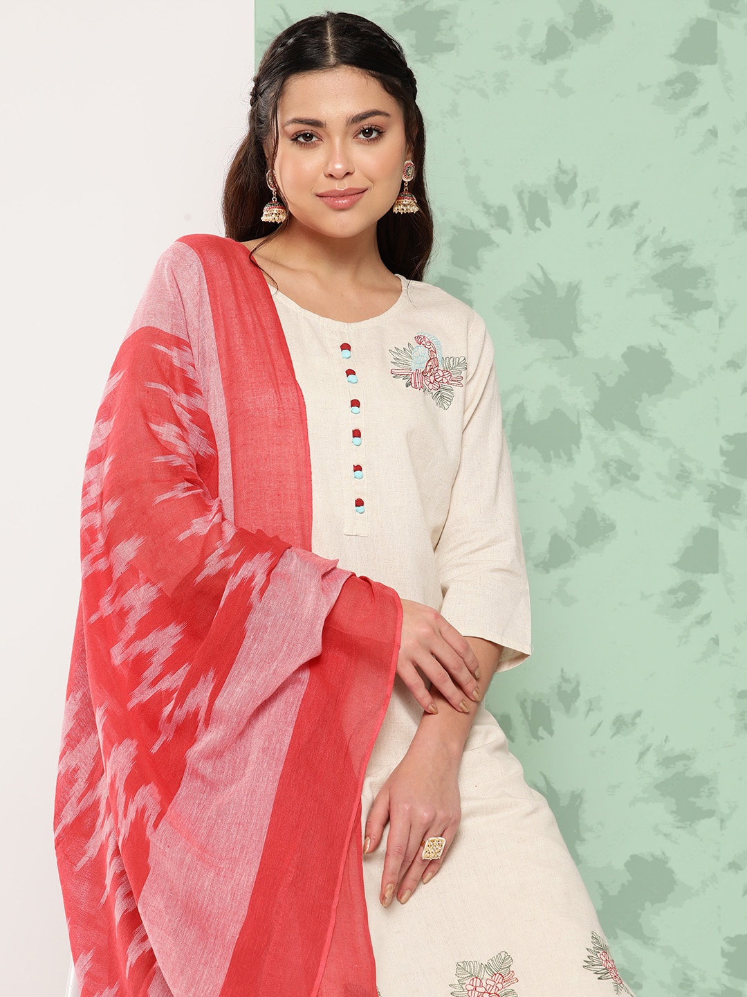 

Yufta Ethnic Motifs Embroidered Thread Work Kurta with Trousers & With Dupatta, White