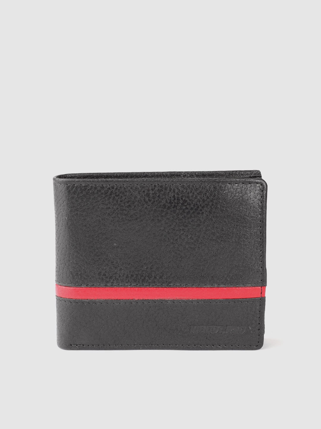 

Woodland Men Striped Detail Leather Two Fold Wallet, Black