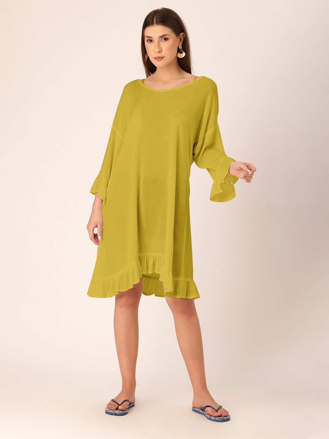 

DressBerry Flared Sleeve Tie-Up Back A-Line Dress, Green