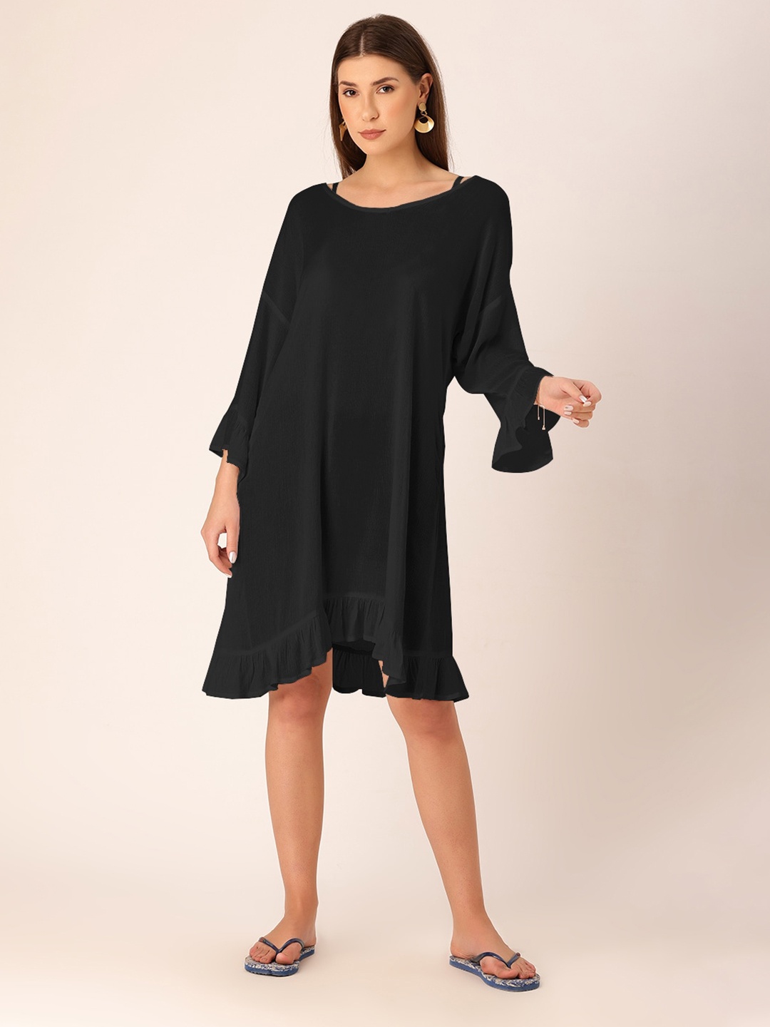 

DressBerry V-Neck Bell Sleeves Crepe A-Line Dress, Black