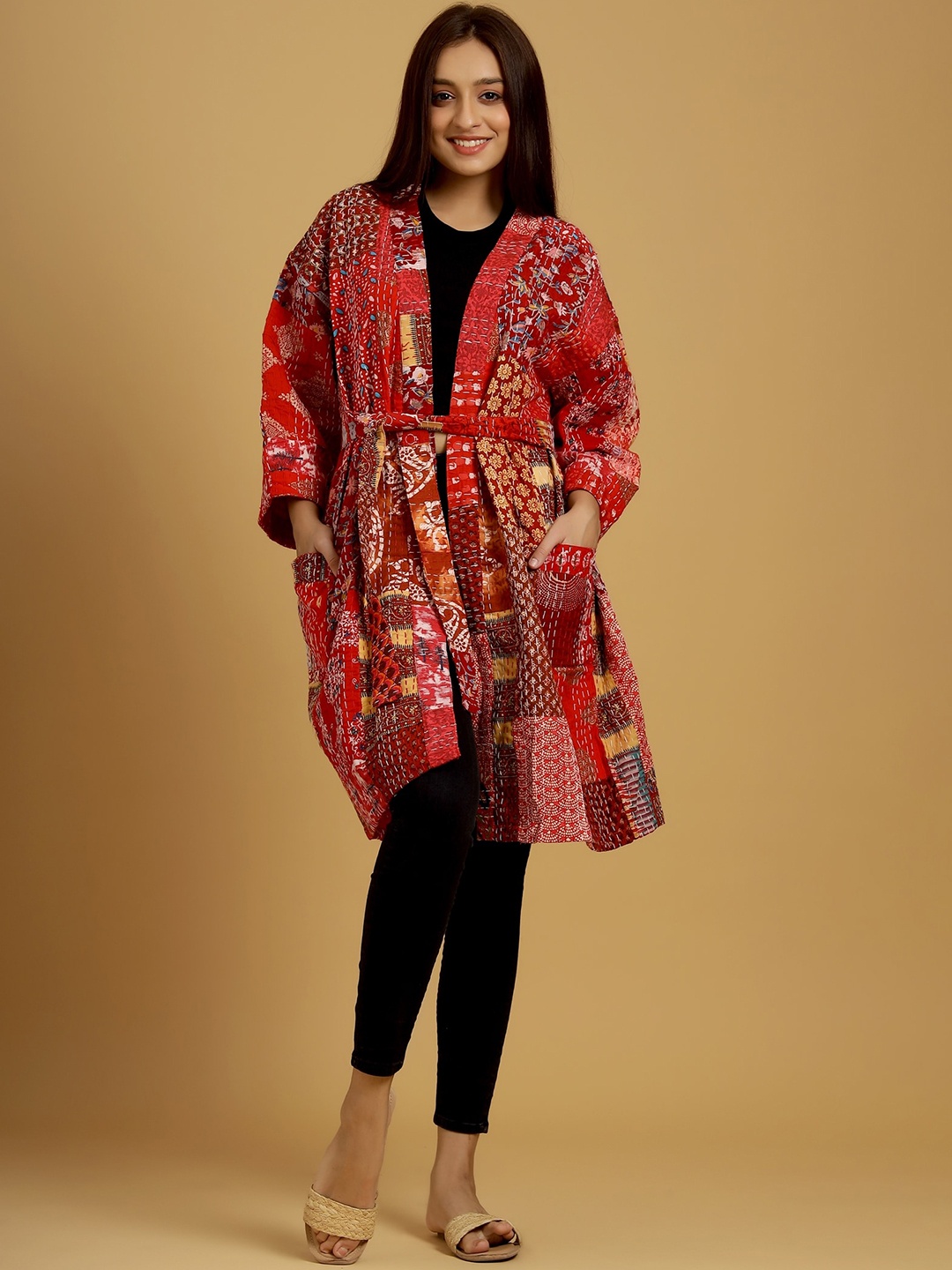 

HANDICRAFT PALACE Women Printed Pure Cotton Bath Robe With Belt, Red