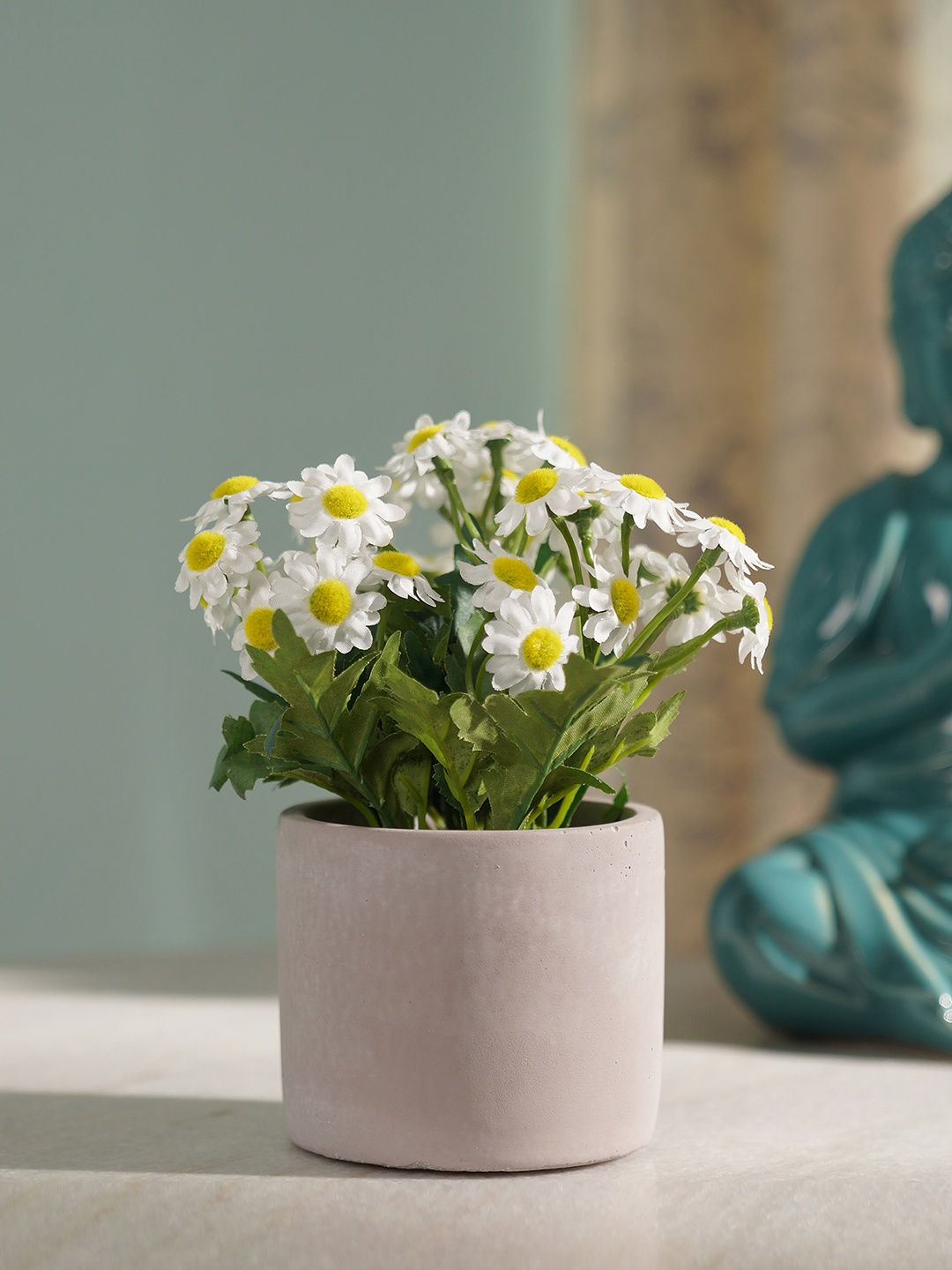 

Pure Home and Living White & Green Faux Wild Artificial Flower With Cement Pot