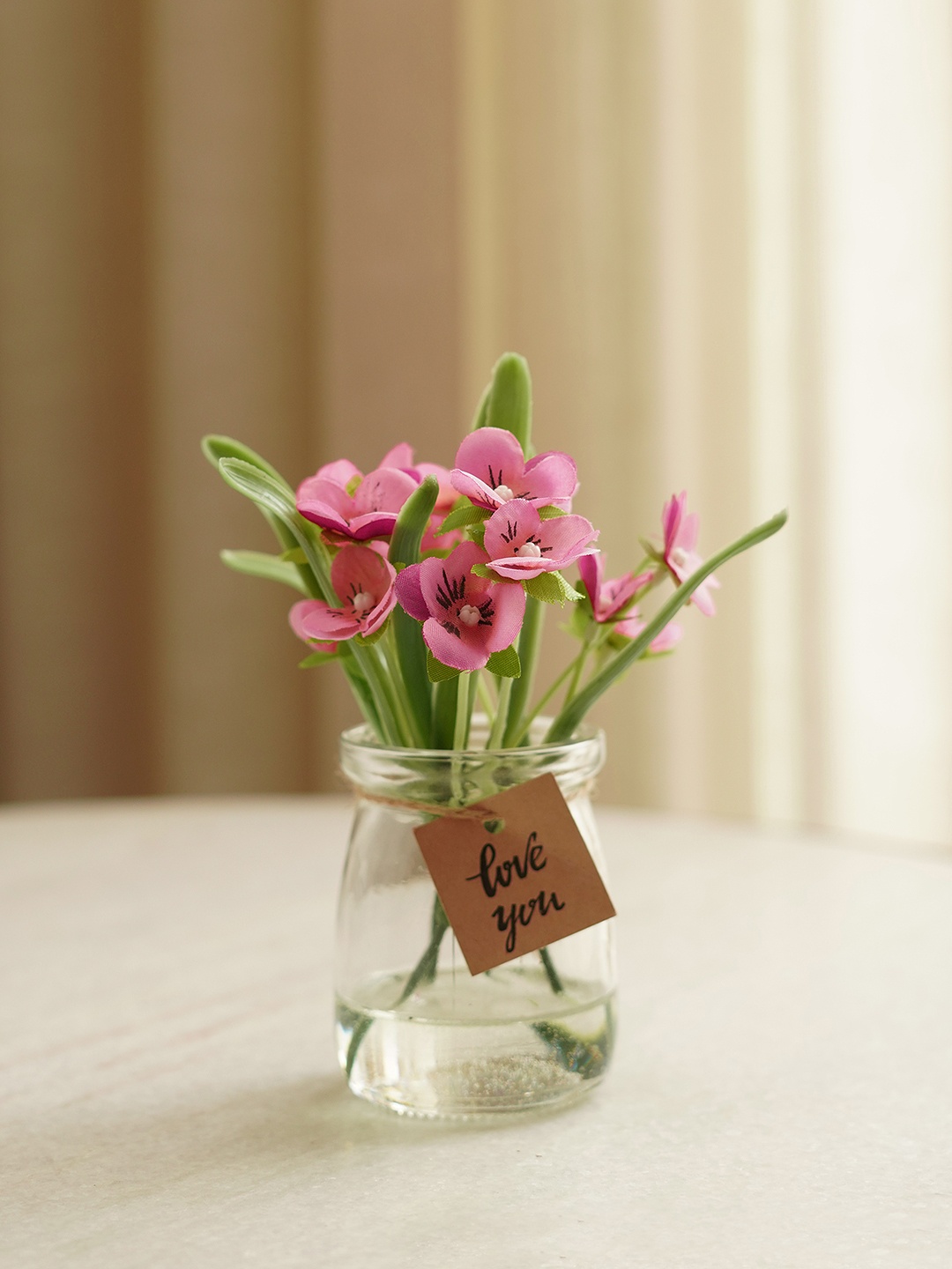 

Pure Home and Living Pink & Green Faux Wild Artificial Flower with Glass Vase