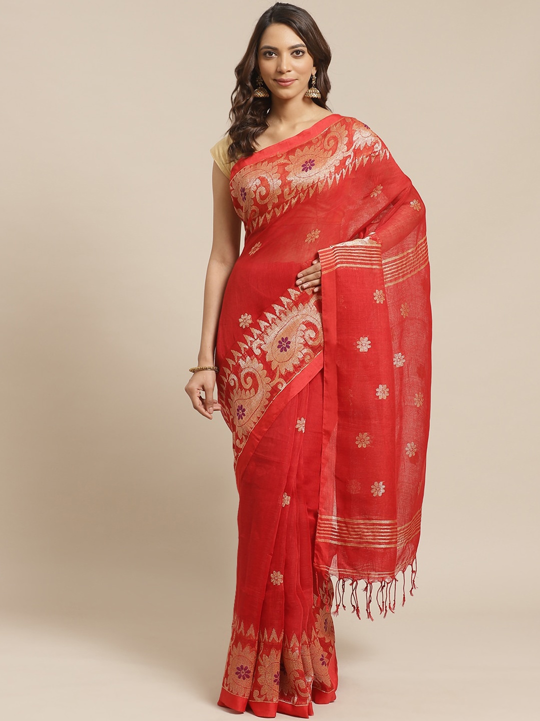 

Laa Calcutta Ethnic Motifs Woven Design Zari Saree, Red