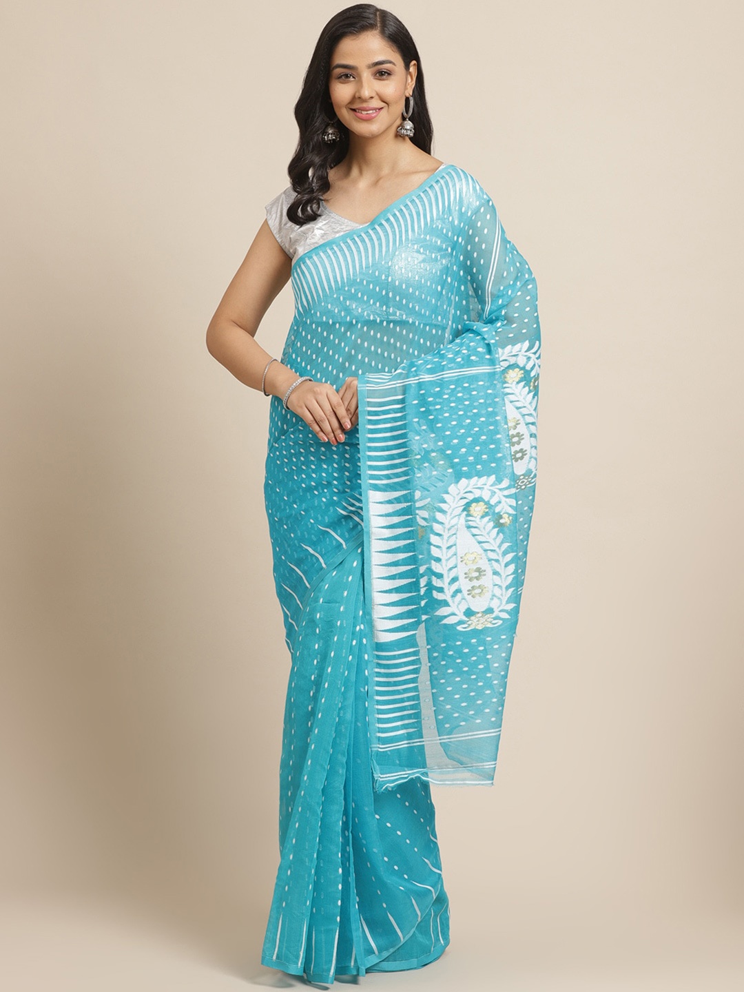 

Laa Calcutta Geometric Woven Design Jamdani Saree, Sea green