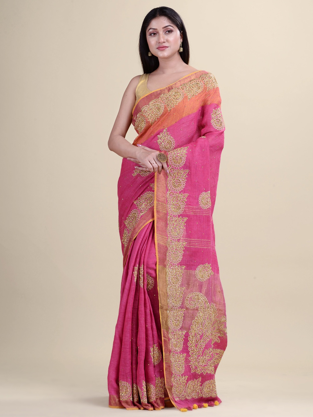 

Laa Calcutta Floral embroidered Beads and Stones Saree, Pink