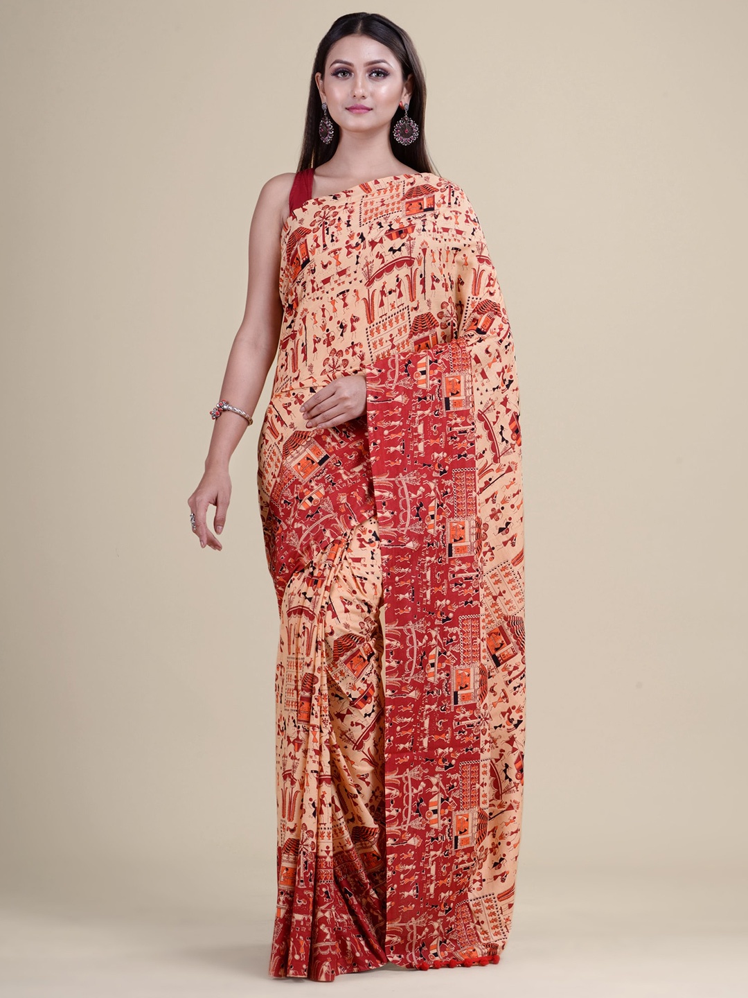 

Laa Calcutta Warli Printed Pure Cotton Saree, Cream