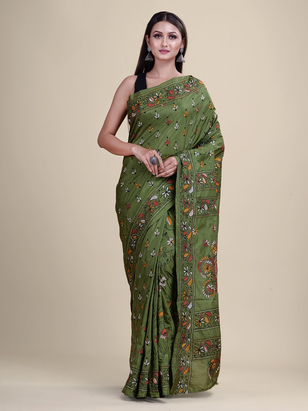 

Laa Calcutta Floral Embroidered Kantha Work Saree, Green